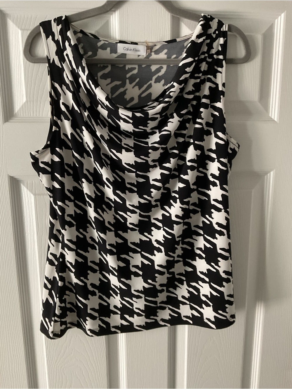 Calvin Klein Black and White Houndstooth Cowl Neck Sleeveless Blouse